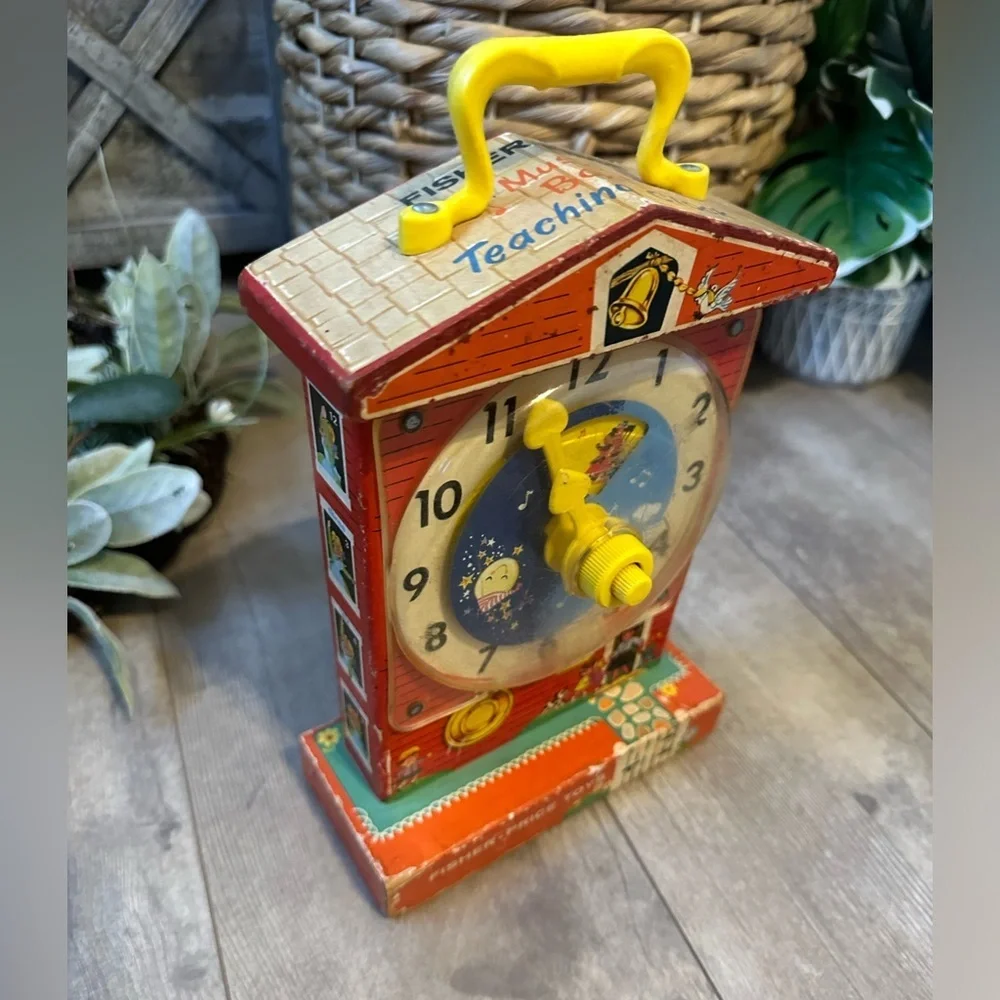 Vintage 1960s Fisher-Price Children’s Toy Red Yellow Music Box Teaching Clock